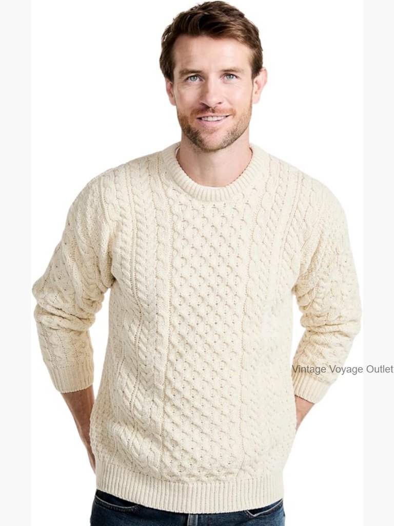 Men's Irish Cable Crew Neck Knit Sweater - 100% Merino Wool Pullover